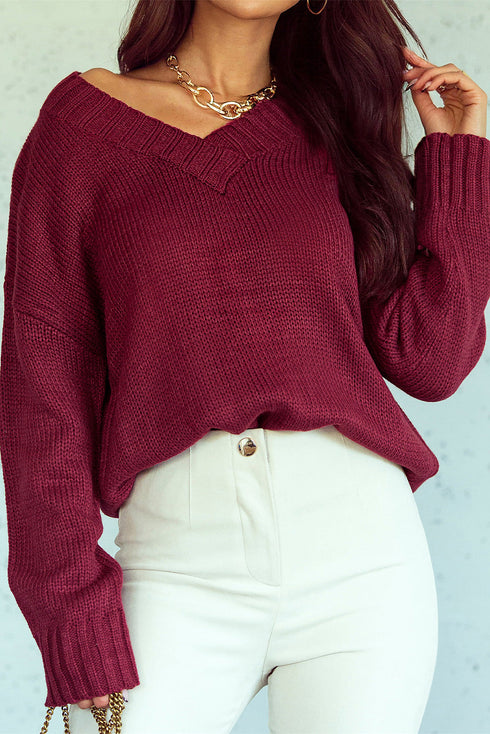 V Neck Drop Shoulder Knitted Sweater